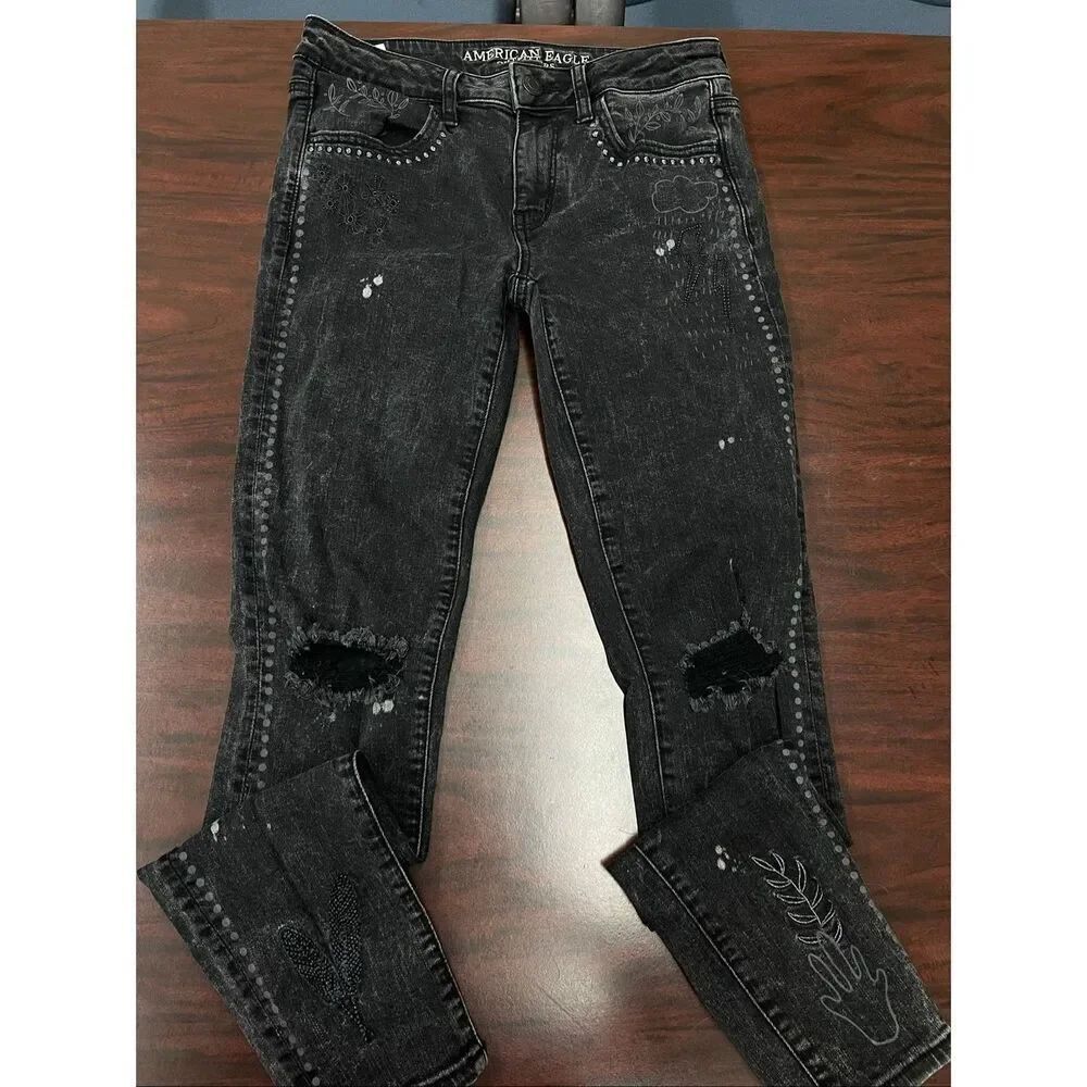 American Eagle Super Stretch X Black Printed Jegging Jeans Size 6 Long